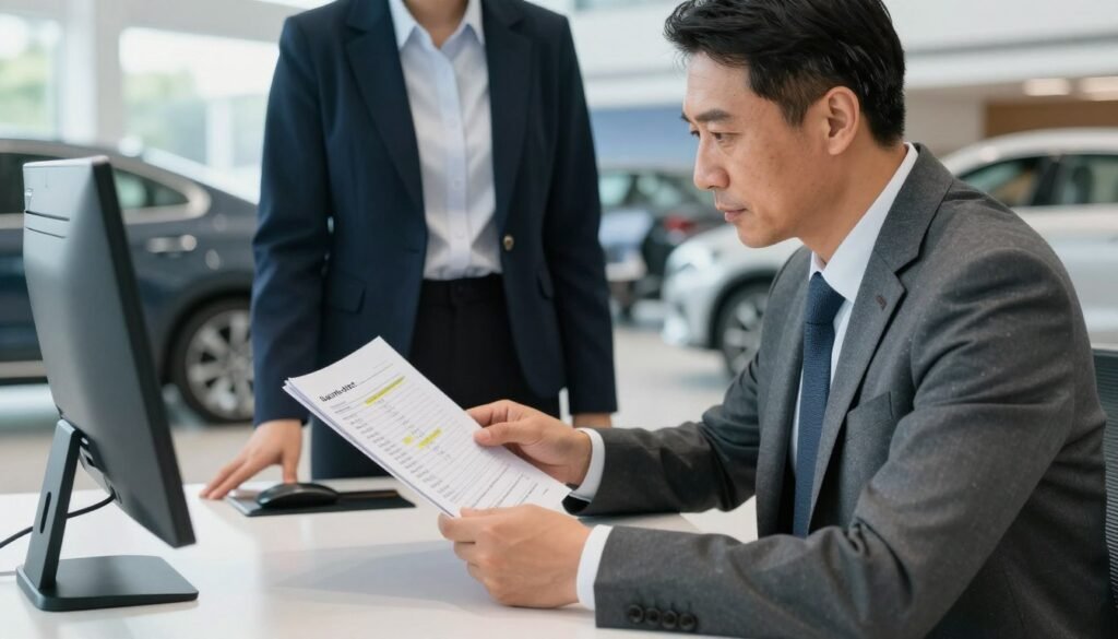 Buyer reviewing an itemized out-the-door price and dealer fees