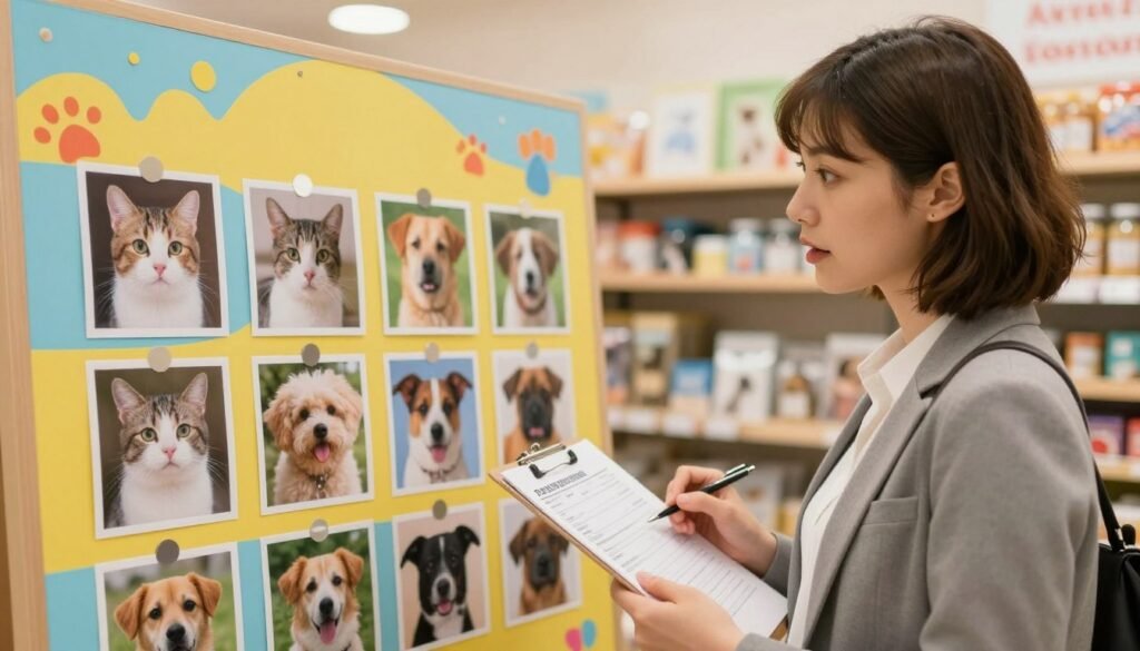 Customer asking about animal adoption forms beside an adoption notice