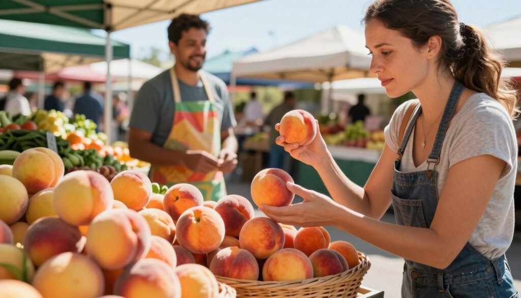 Customer asking about ripeness while choosing fresh peaches Customer asking about ripeness while choosing fresh peaches