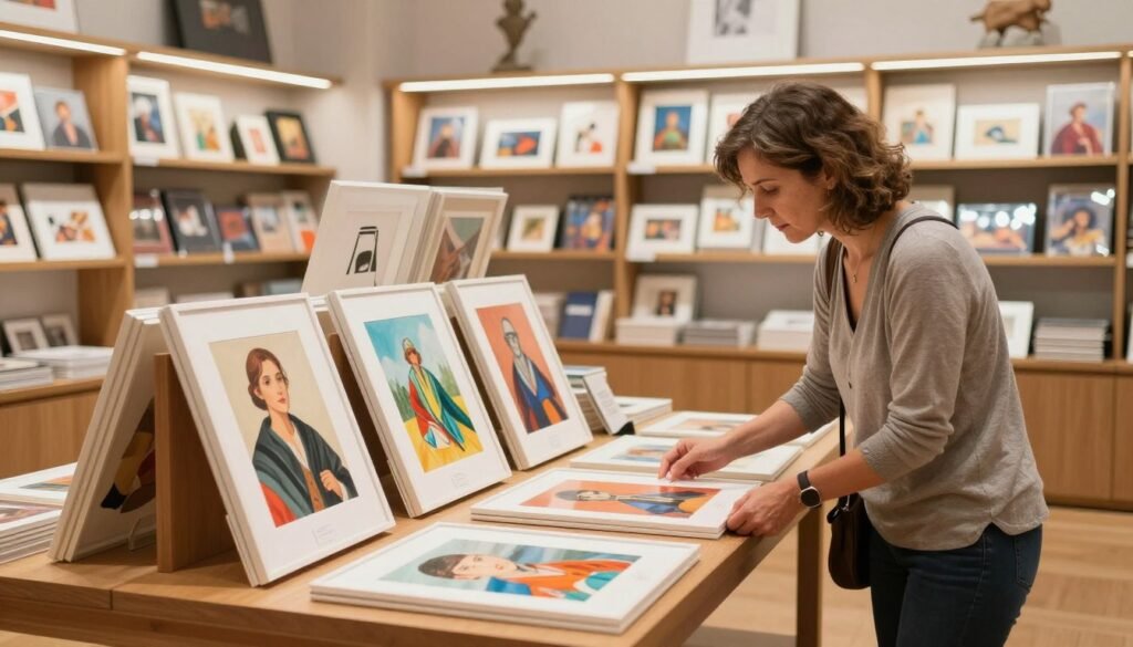 Customer checking prices on two museum art prints Customer checking prices on two museum art prints