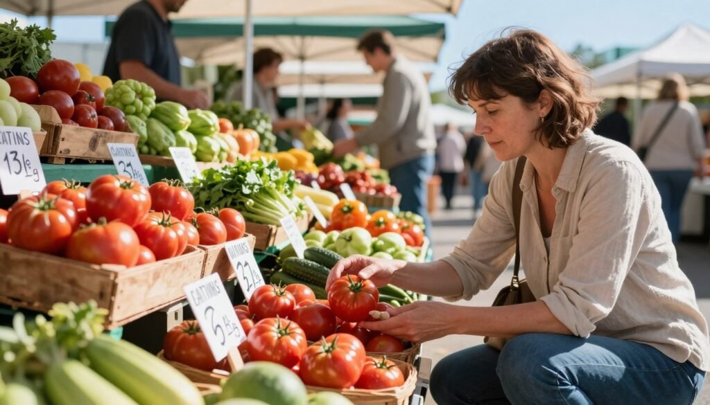 Customer checking unit pricing for a basket of tomatoes Customer checking unit pricing for a basket of tomatoes