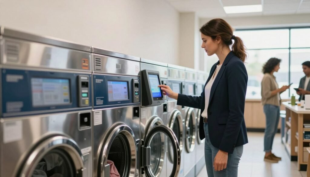Customer checks machine payment options before washing