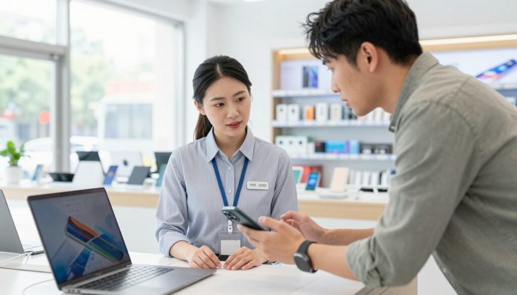 Customer clarifying a phone's checkout total with a sales assistant Customer clarifying a phone's checkout total with a sales assistant