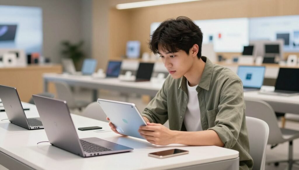 Customer comparing laptop specifications for schoolwork and video calls Customer comparing laptop specifications for schoolwork and video calls