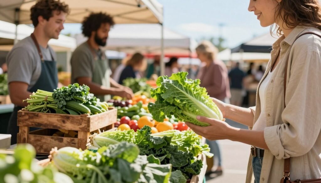Customer discussing crisp leafy greens for a dinner salad Customer discussing crisp leafy greens for a dinner salad
