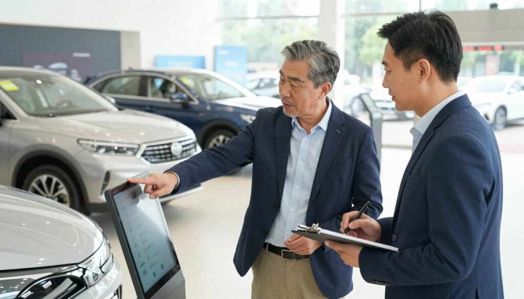Customer discussing vehicle trim levels and cargo needs with salesperson