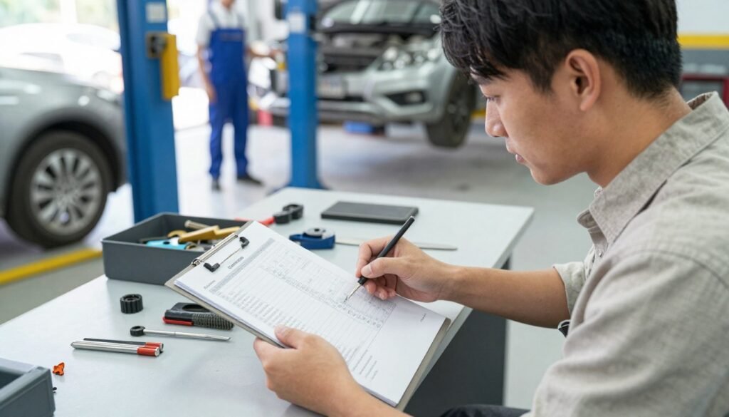Customer reviewing repair estimates and labor costs Customer reviewing repair estimates and labor costs