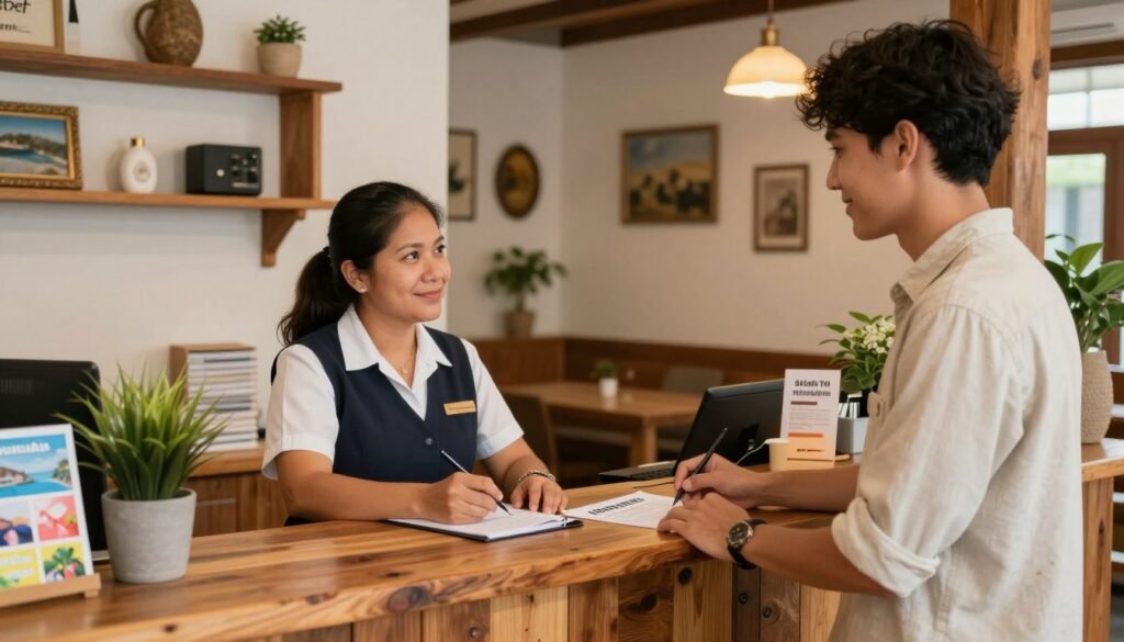Guest spells a reservation name at the hostel front desk Guest spells a reservation name at the hostel front desk