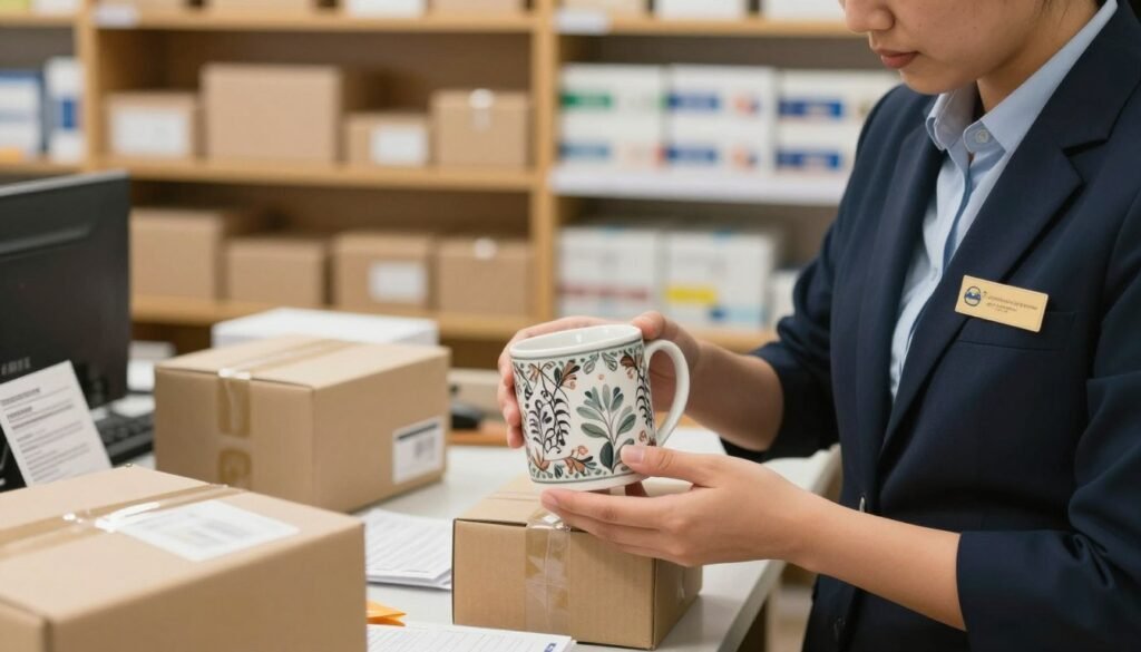 Postal clerk checks fragile item packaging around a mug Postal clerk checks fragile item packaging around a mug