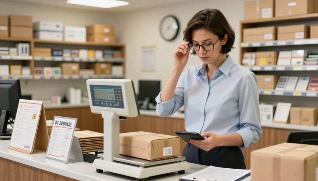 Postal clerk weighs a package while calculating postage costs Postal clerk weighs a package while calculating postage costs