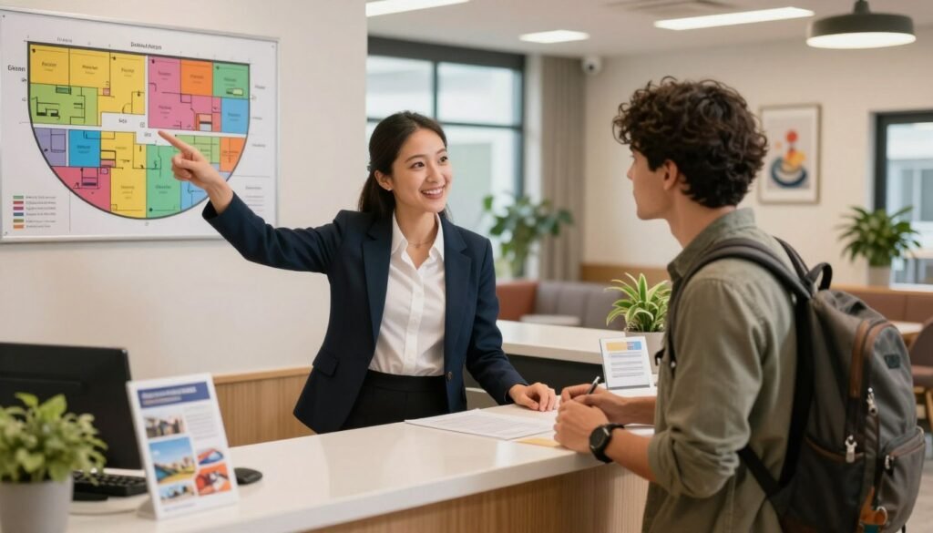 Receptionist explains dorm floor and bed assignment to guest Receptionist explains dorm floor and bed assignment to guest