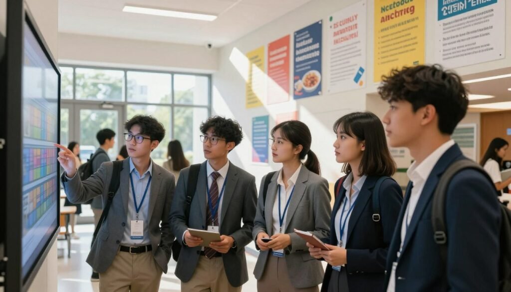 Students checking a classroom number before a campus class