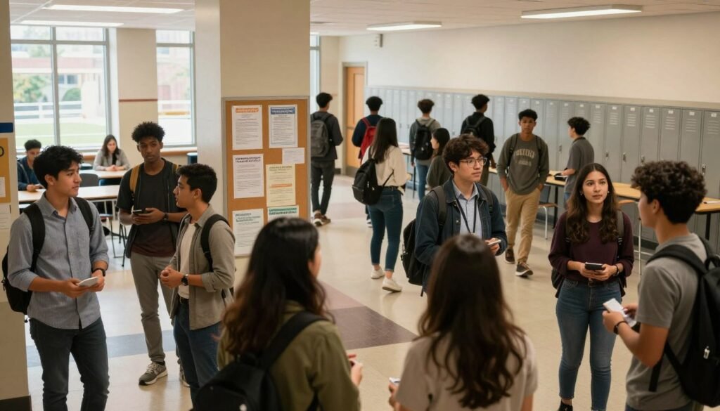 Students meeting before class in a university hallway