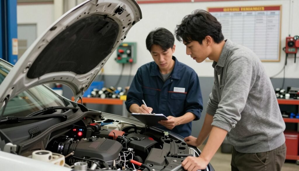Technician listening as a driver describes engine warning light Technician listening as a driver describes engine warning light