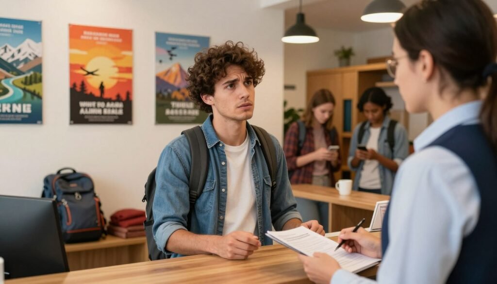 Traveler asks receptionist for help with a hostel room issue Traveler asks receptionist for help with a hostel room issue