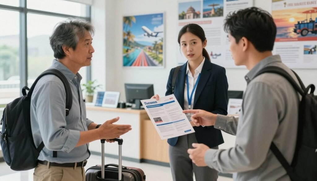 Traveler discussing baggage allowance for an international flight Traveler discussing baggage allowance for an international flight