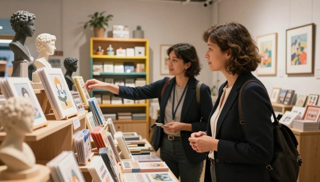 Visitor asking about exhibit-inspired gifts beside museum merchandise Visitor asking about exhibit-inspired gifts beside museum merchandise