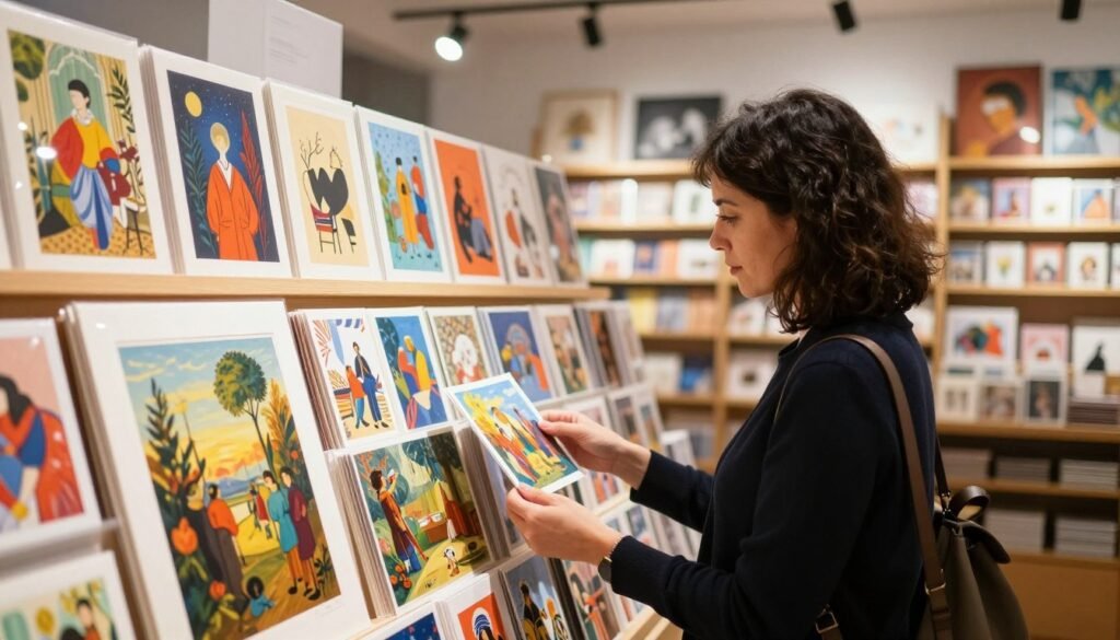 Visitor comparing art prints and postcards for a friend Visitor comparing art prints and postcards for a friend